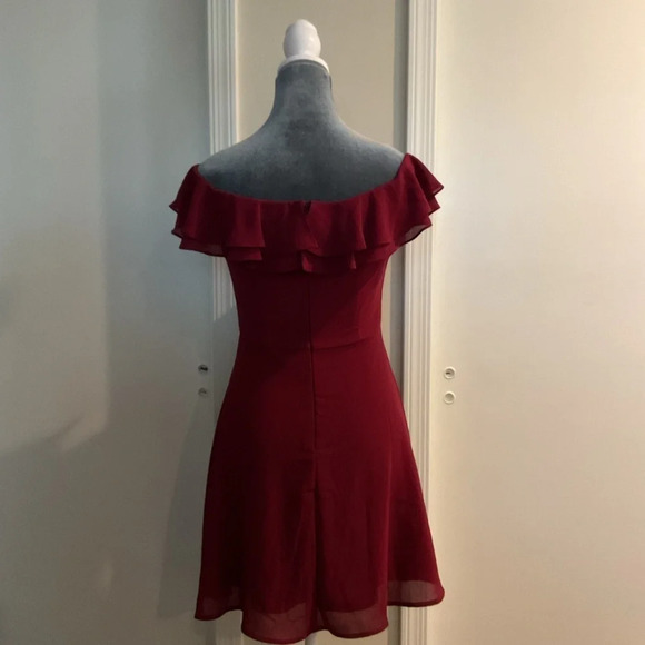 🖤 Lulu’s Win Your Heart Off the Shoulder Wine Red Ruffle Mini Skater Dress - Picture 5 of 5